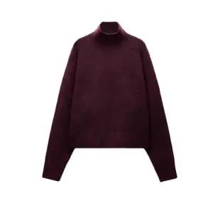 럭셔리 버건디 와인색 터틀넥 니트 반목 반팔 레드 S