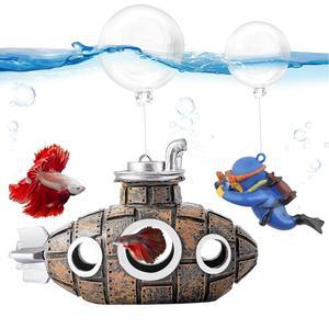 쿠스듀오비의 새로운 업그레이드 수상 어항 장식 귀여운 레트로 잠수함 세트 및 다이버 플로트 볼 3개 수족관 레진 베타 액세서리