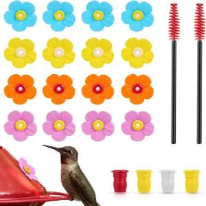 16피스 벌새 모이통 교체 꽃 반려동물 부품 공급 포트 새 부품(야외 매달린 모이통용 청소 브러시 2개