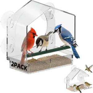 BTF 강력 흡착컵 부착형 창문 새 모이통 - 2개입 투명하고 튼튼한 아크릴 창가 360° 시야 확보 드릴 없이