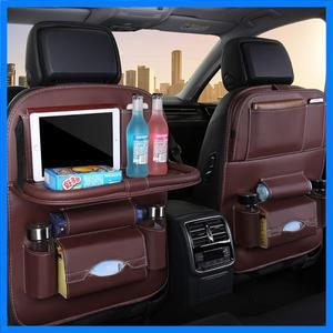 자동차 시트 백 오거나이저 PU 가죽 접이식 테이블 트레이 수납 포켓 및 킥 매트 포함 - 차량 내부 액세서