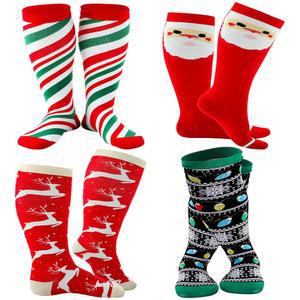 수하인 4켤레 플러스 사이즈 크리스마스 압박 양말 3 XL 크리스마스 무릎 긴 종아리 양말 여성 간호사 남성용 선물