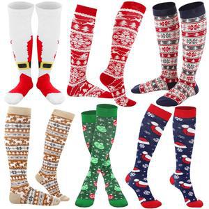 수하인 6켤레 크리스마스 압박 양말 선물 대량 종아리 무릎 하이 양말 긴 양말 크리스마스 여성 남성 간호사용 스타킹