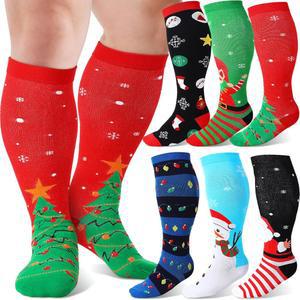 잼타워 6켤레 플러스 사이즈 크리스마스 와이드 종아리 압박 양말 여성 남성용 20-30mmHg 순환 지원