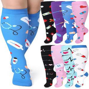 버니쿨 8켤레 간호사 압박 선물 양말 3XL 여성 플러스 사이즈 간호 압박 양말 넓은 종아리 무릎 높이 20-30mmhg 대형 지지대