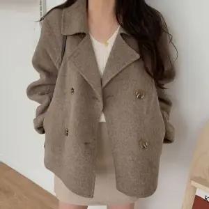 깜도리 여자 키작녀 정장 자켓 추동 슬림핏 넥 더블 캐주얼 긴팔 보온 모직 코트 꾹4