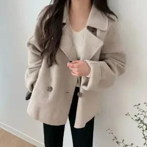 깜도리 여자 키작녀 정장 자켓 추동 슬림핏 넥 더블 캐주얼 긴팔 보온 모직 코트 꾹4