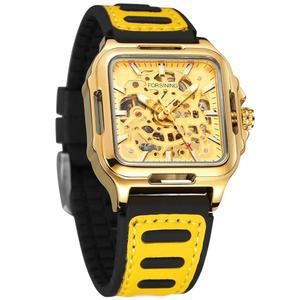 포시닝 남성용 방수 골격 스타일리시한 시계 자동 스팀펑크 셀프 와인딩 실리콘 스트랩 야광 사각 손목시계 골드