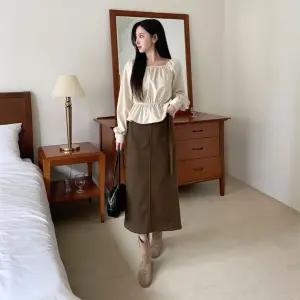 여자 가을겨울 도톰 모직 벨티드 롱스커트