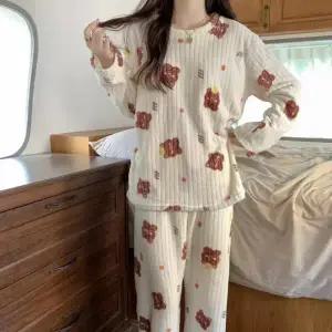 여성 곰돌이 캐릭터 겨울 잠옷 극세사 상하 세트 수면 사계절 수면파 자마 커플 원피스