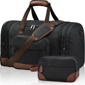 여행용 라이트비악 더플백 50L 캔버스 주말 밤샘 짐 가방 남녀공용 캐리어 가방(블랙+화장실 가방)