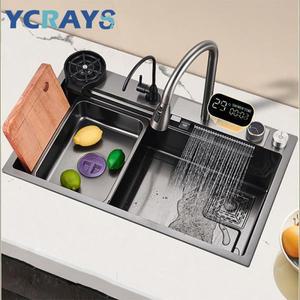 YCRAYS 디지털 디스플레이 나노 주방 싱크대 대형 싱글 볼 SUS304 폭포 수도꼭지 컵 와셔 정제 탭 비누 디