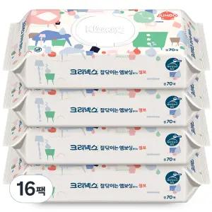 크리넥스 잘닦이는 대용량 휴대용 엠보싱 점보 물티슈 캡형 70매 16개