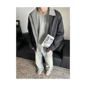 키체샵 남성 항공 점퍼 네이비 체크 쇼트 코트 야구복 가짜 투피스 HO1