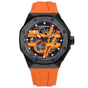 차르 봄바 남성용 기계식 자동 골격 시계, 1억 방수 손목 시계 아날로그 디스플레이 옥타곤 다이얼 드레스 럭셔리 셀프 윈드 워치, FKM 고무 팔찌 스트랩