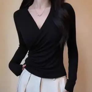 겨울 기모 슬림핏 셔링 랩스타일 브이넥 긴팔 이너 티