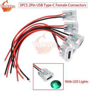 5개 여성 커넥터 2핀 USB Type-C 입력 타입 충전 소켓 방수 전원 포트 24AWG 리드 와이어 LED 조명 포함