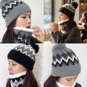 [개미물류] 패턴모자 넥워머세트 캐주얼 보온 목도리 방울 비니 포근 따뜻한 겨울 털모자 방풍 방한 니트