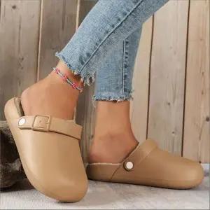여성 PVC 기모안감 슬리퍼 클로그 버클 실내화 샌들 3색