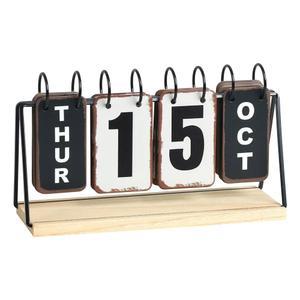 나무 베이스가 있는 이지야 메탈 플립 캘린더, 대형 디스플레이가 데일리 퍼페추얼 데스크 홈 오피스 장식용 모던 농가 데스크탑 재사용 및 접이식 캘린더