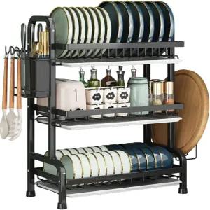 KUK 3단 식기 건조대 배수 트레이가 있는 싱크대 접시 위의 대형 스테인리스 스틸 주방 카운터 보관용