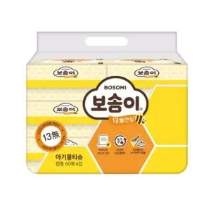 깨끗한나라)보솜이 안심물티슈13無(캡형 60매X6개입)휴대용 다용도 바닥 청소 일회용 일회용물수건 멀티