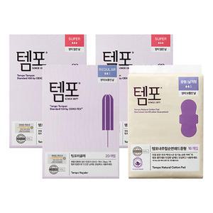템포 오리지널 탐폰, 슈퍼, 20P, 2개 + 레귤러, 20P, 1개 + 템포 내추럴 순면 패드 생리대, 중형, 16P, 1개