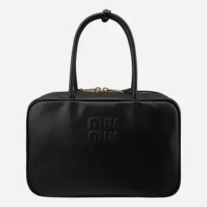 미우미우 5F 5BB117 2CRW F0002 보 레더 탑 핸들 토트백 블랙