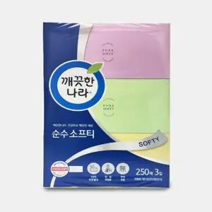 깨끗한나라 순수소프티 미용각티슈 250매x3곽깨끗한각 사각 각티슈 각3각 업소용 화장지각 각3입 3겹각 휴