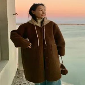 브라우니 니트후드 덤블 롱 무스탕 (one color) 후드탈부착가능!