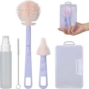 VOOWO 휴대용 병 클리너 키트 여행 세트 실리콘 젖병 빨대 및 유두 브러시 비누 디스펜서(보라색)