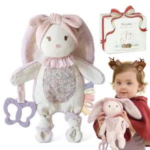 실리콘 테더가 달린 문키 베이비 러비 질감 리본이 토끼 담요 주름 장난감 부드러운 밍키 벨로우어 내추럴