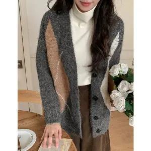 [공구우먼] 먼로 아가일 루즈핏 울 니트 가디건 85738 빅사이즈 여성의류