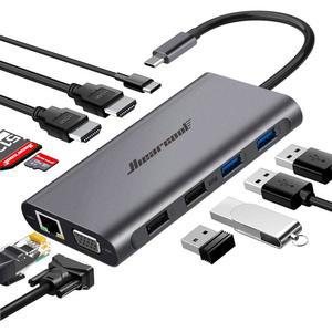 히어쿨 USB C 허브, USB-C 노트북 도킹 스테이션, Dell Lenovo Windows용 11IN1 트리플 디스플레이 타입 어댑터(2HDMI VGA PD3.0 SD TF 카드 리더 기가비트 이더넷 4USB 포트)