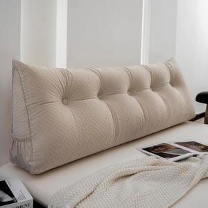 탈착식 커버와 사이드 포켓이 있는 KCTVUIWS 삼각형 헤드보드 베개, 헤드보드용 풀베드 웨지 침대 지지대용 데이베드 시트 등받이 리딩 베개 볼스터 쿠션, 베이지색