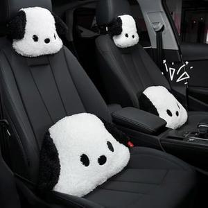 WASTROYUAL 귀여운 자동차 헤드레스트 및 요추 지지대 시트 쿠션 사랑스러운 흑백 반려견 패턴, 편안하고 내구성이 뛰어난 액세서리 베개, 1개와 1개 세트 포함