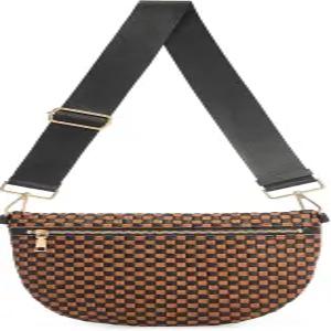 여성용 직조 크로스바디 백 체크무늬 패션 PU 범백 허리 팩 스트랩이 조절 가능한 여행용 슬링 지갑 (블랙