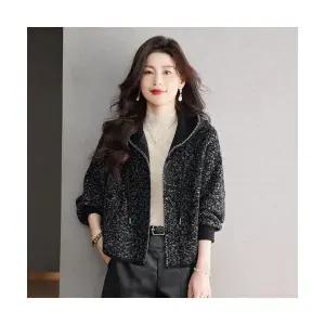 EAMT 여성 캐주얼 트위드 숏 가을 겨울 후드 카디건 YJ4