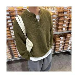 키체샵 남성 라운드넥 니트 솔리드 헨리넥 캐주얼 겨울 풀오버 코트 HO4