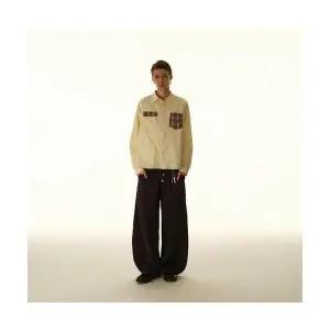 록쉬블몰 남성 솔리드 셔츠 빈티지 윙팁 베이지 살구 가을 체크 포켓 장식 순면 긴팔 HO3