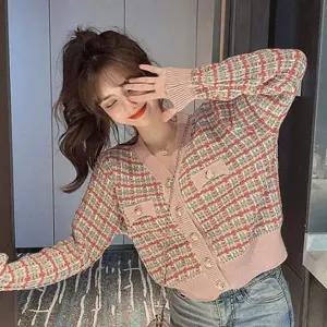 [골드스마일]레트로 스타일 여성 가디건 체크 니트 가디건자켓