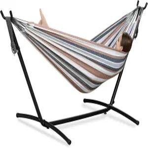 PNAEUT 외부용 스탠드 더블 해먹 휴대 공간 절약형 무거운 강철 휴대용 가방 실내 야외 파티오 파운드