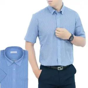 [하프클럽/]남성 여름 시어서커 지지미 스트라이프 블루반팔셔츠