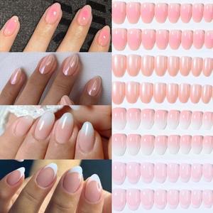 96개박스 4종 혼합 반짝이와 블러쉬 디자인의 숏 타원형 프렌치 팁 프레스온 네일 사이즈 한 릴 인조 손톱