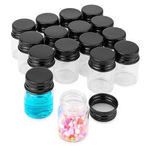 Njvial 16Pcs 15ml / 0.5온스 뚜껑이 있는 빈 작은 유리병 블랙 알루미늄 나사 캡 랩 바이알 DIY 공예 필수 오일 저장 결혼식 장식용 리필 가능한 미니