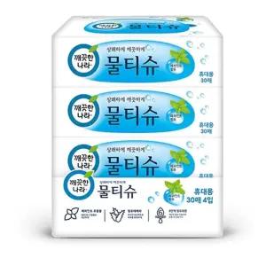 리필형 물티슈 30매x4입 천연페퍼민트 항균성분 알로에베라 순면감촉