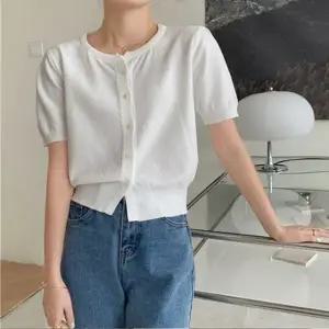 여성 화이트 반팔 가디건 니트 라운드 데일리