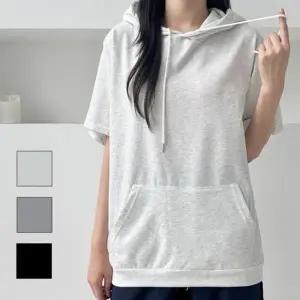 남녀공용 스포티 스타일 베이직 앞주머니 후드 반팔 티셔츠