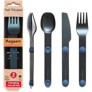 풀 윈저 - Magware 마그네틱 캠핑 식기 세트 캠핑, 요리 및 야외 식사를 위한 여행 도구 나이프, 포크 & 스푼 파우치 포함 휴대용 실버웨어 파란색(3개)