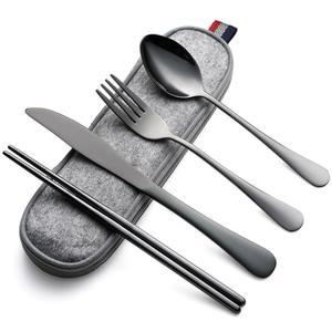 데비코 캠핑 도구, 케이스 포함 휴대용 여행 스테인리스 스틸 재사용 가능한 실버웨어, 5개 식기 세트, 나이프 스푼 포크 젓가락 및 케이스(블랙)